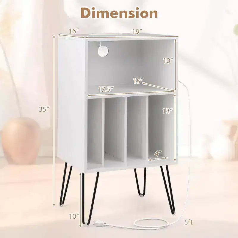 Costway 3-Tier Record Player Stand with Charging Station Shelf & 4 Dividers for Bedroom