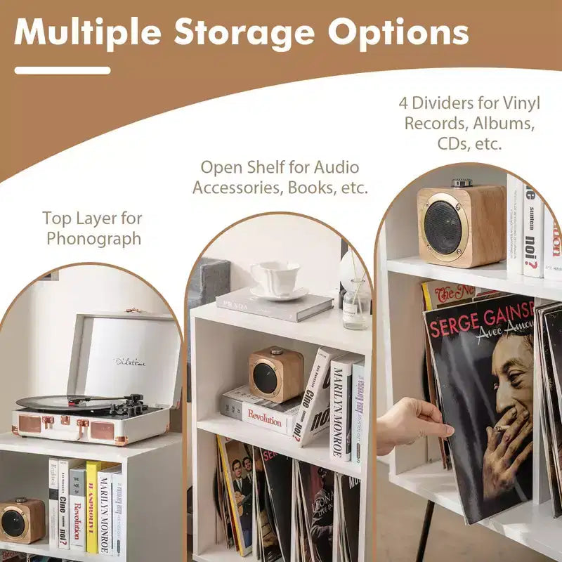 Costway 3-Tier Record Player Stand with Charging Station Shelf & 4 Dividers for Bedroom