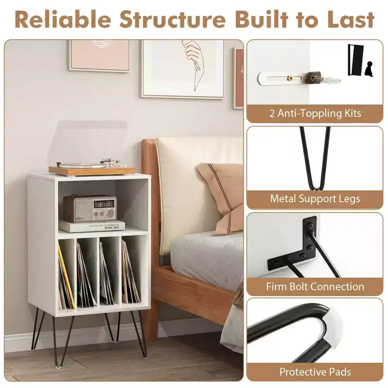 Costway 3-Tier Record Player Stand with Charging Station Shelf & 4 Dividers for Bedroom