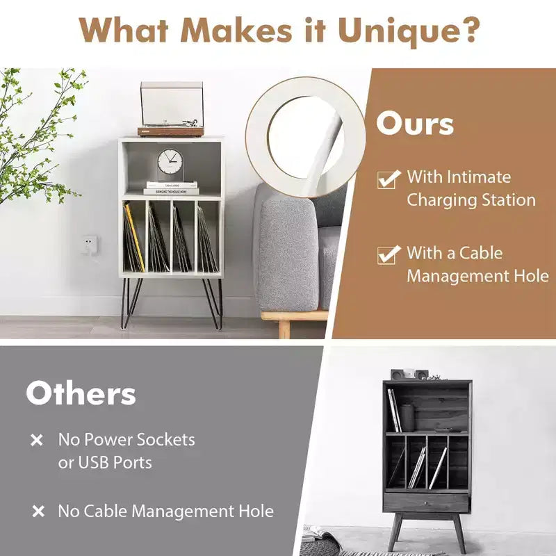 Costway 3-Tier Record Player Stand with Charging Station Shelf & 4 Dividers for Bedroom